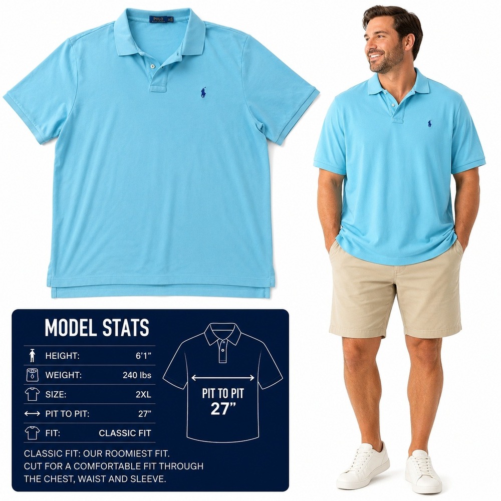 Polo Ralph Lauren Mens XXL Classic Fit Short Sleeve Cotton Polo Shirt Light Blue